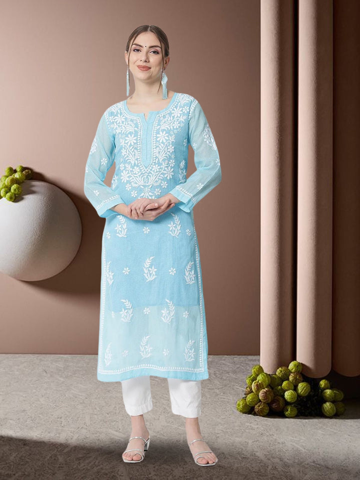 Hand Embroidered Chikankari Kota Cotton Straight Kurta with matching Slip- PC3537