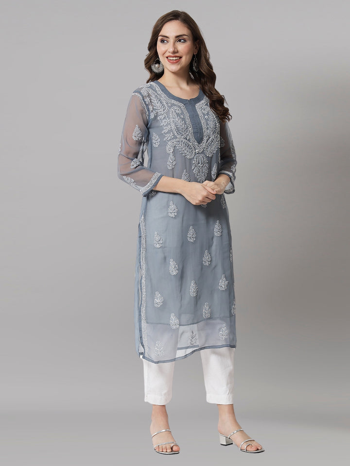 Hand Embroidered Chikankari Georgette straight Kurta with Matching Slip- PC3487