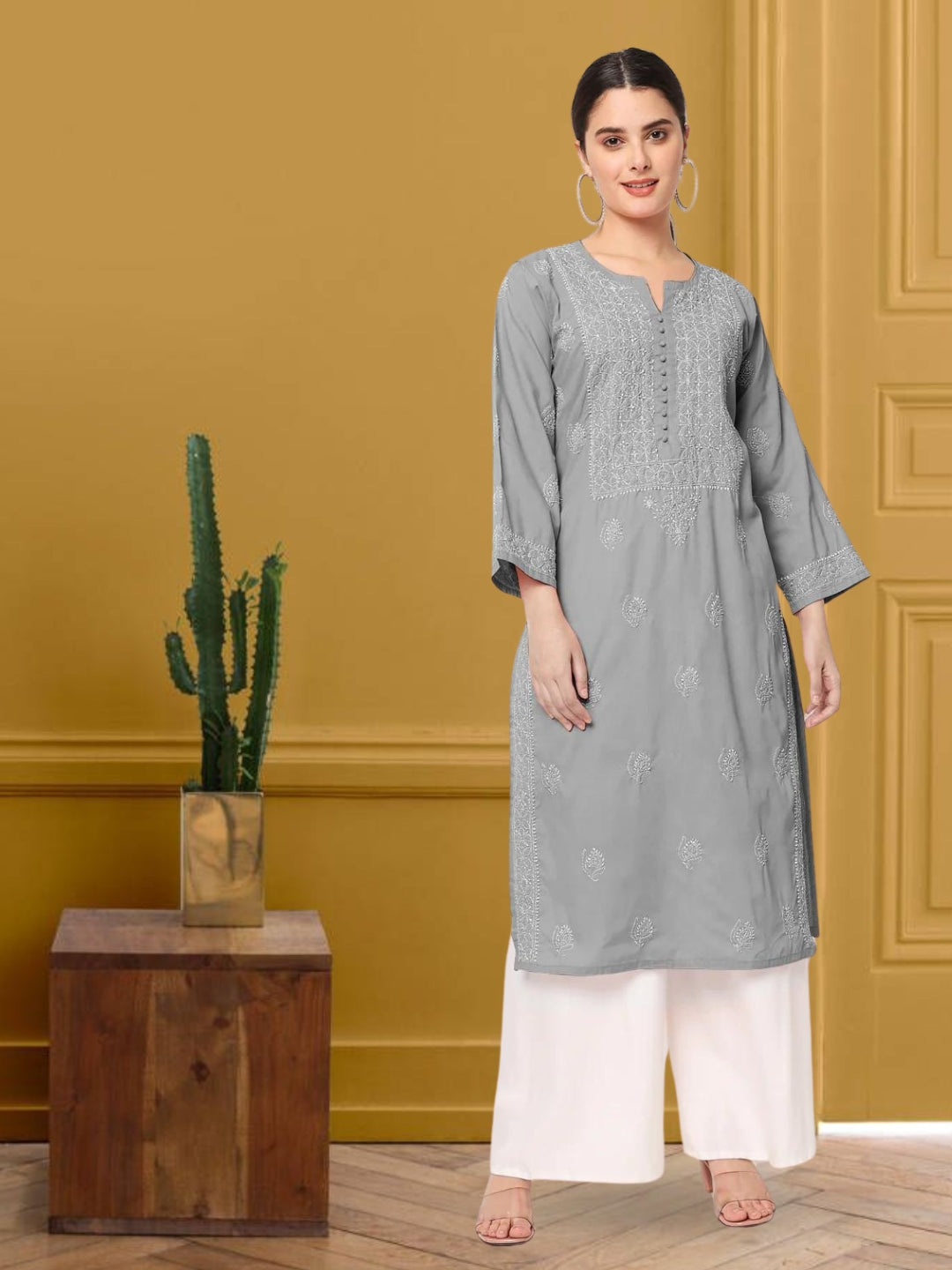 Hand Embroidered Chikankari Cotton Straight Kurta- PC3579