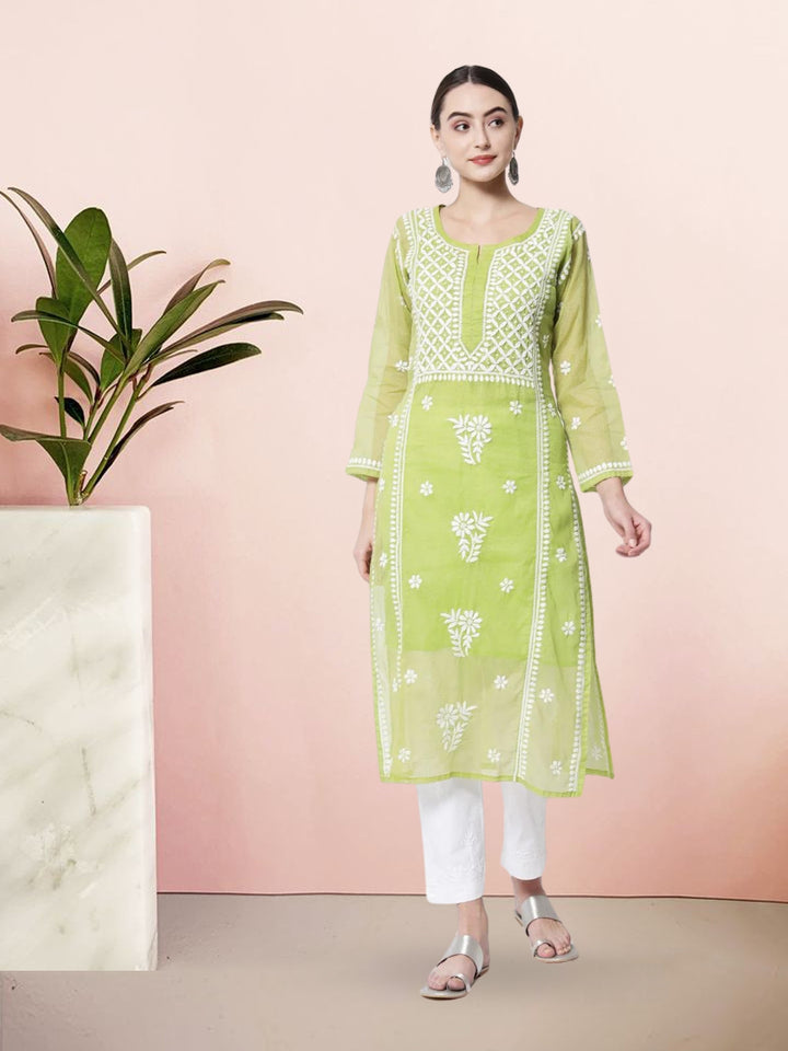 Hand Embroidered Chikankari Kota Cotton straight Kurta with matching Slip- PC3593