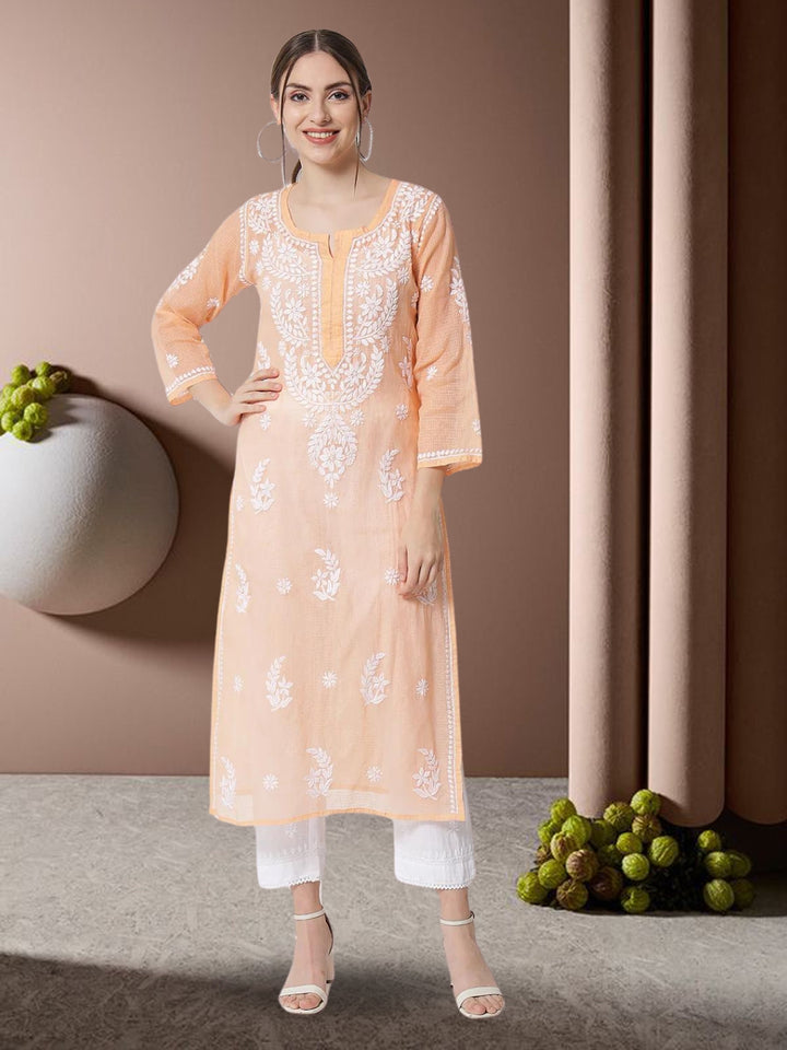 Hand Embroidered Chikankari Kota Cotton Straight Kurta with matching Slip- PC3537