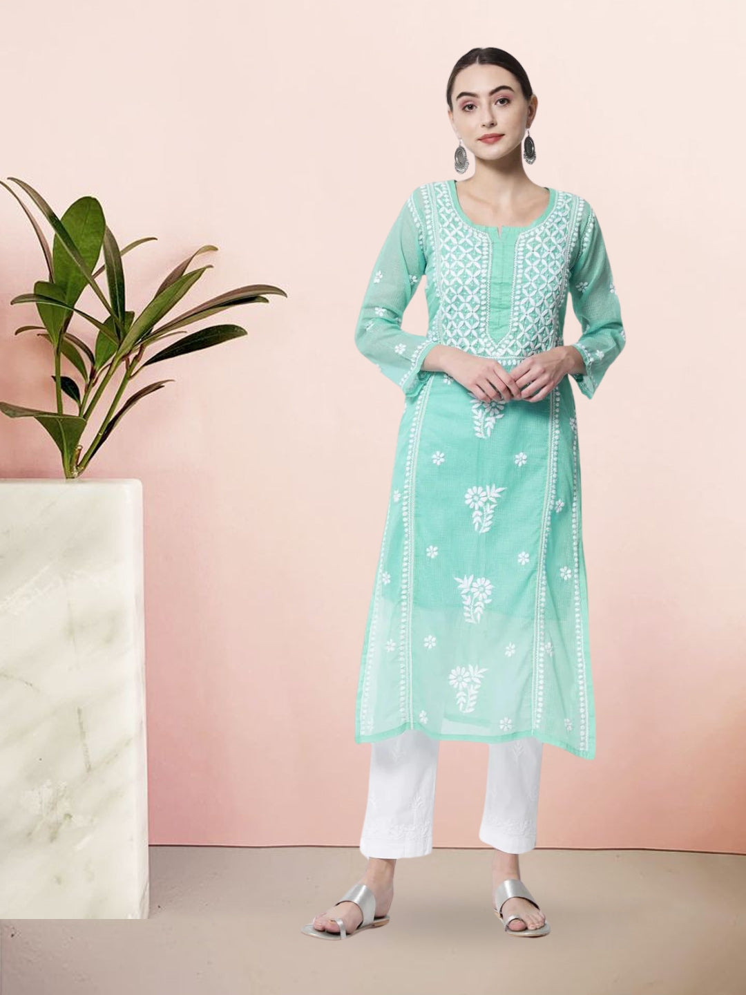 Hand Embroidered Chikankari Kota Cotton straight Kurta with matching Slip- PC3593