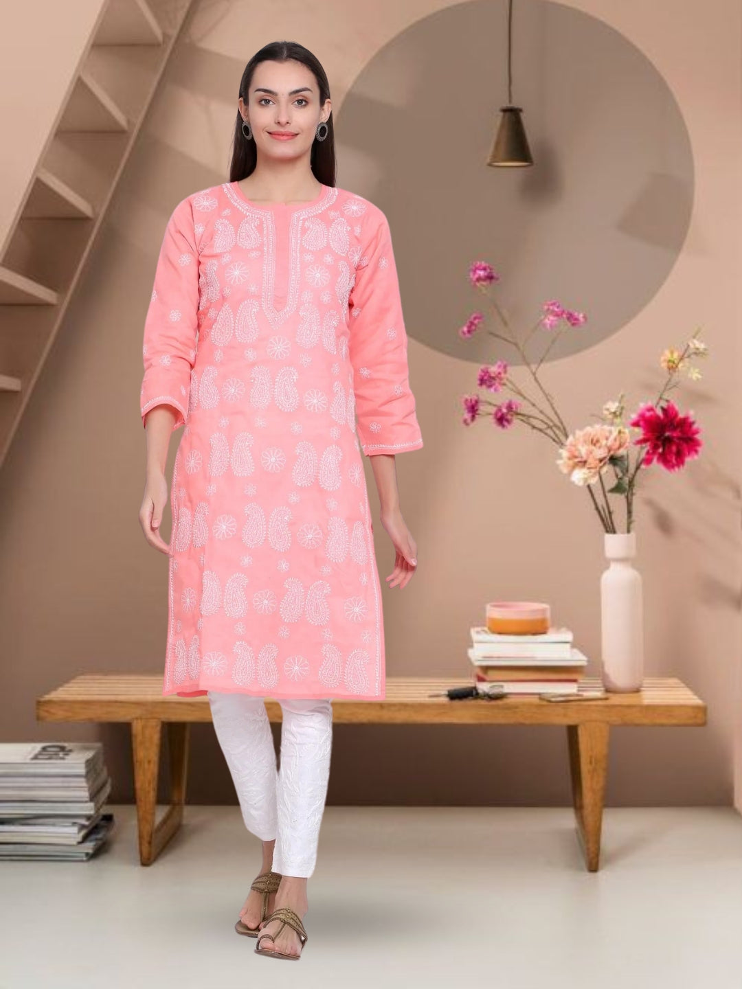 Hand Embroidered Chikankari Cotton Straight Kurta- PC3495