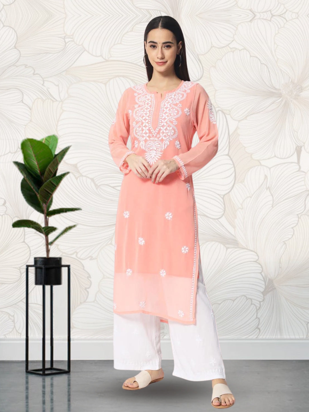 Hand Embroidered Georgette Straight Kurta With Matching Slip-PC3512