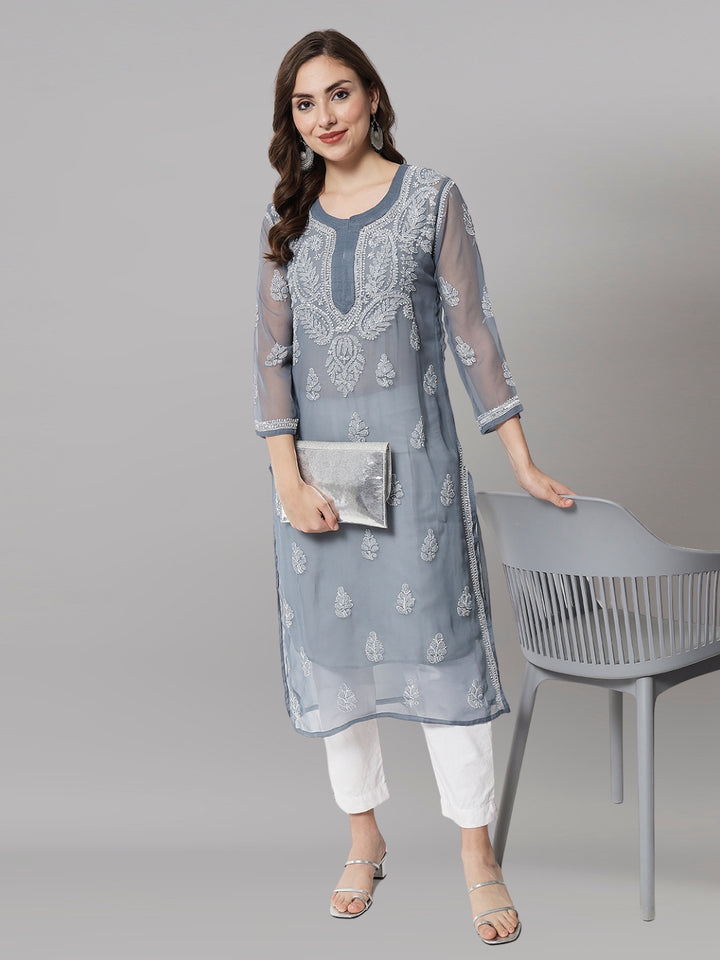 Hand Embroidered Chikankari Georgette straight Kurta with Matching Slip- PC3487