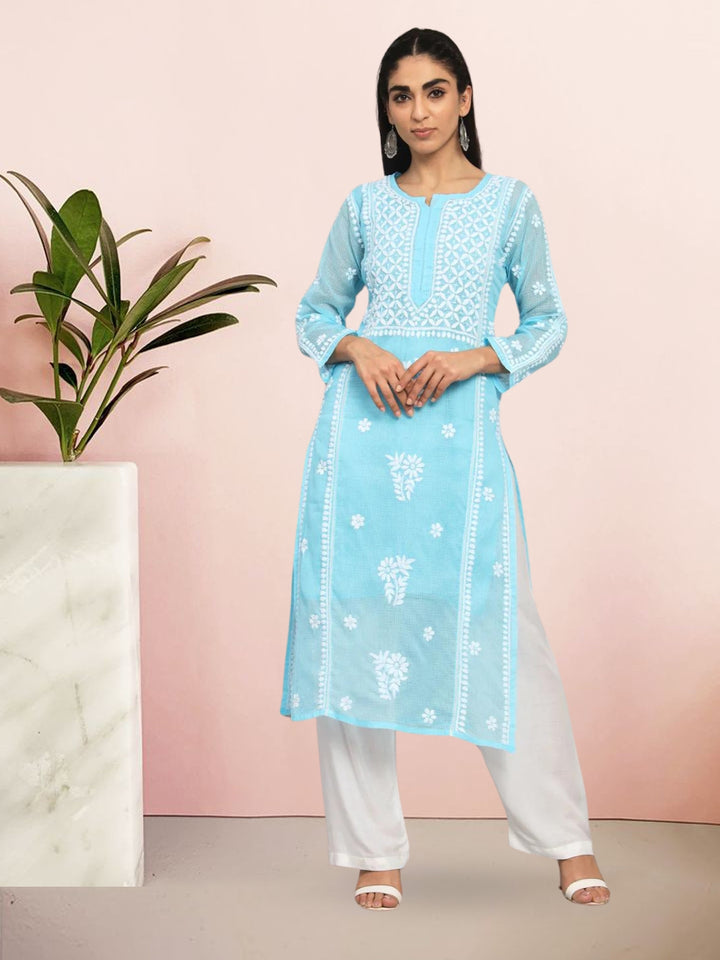 Hand Embroidered Chikankari Kota Cotton straight Kurta with matching Slip- PC3593