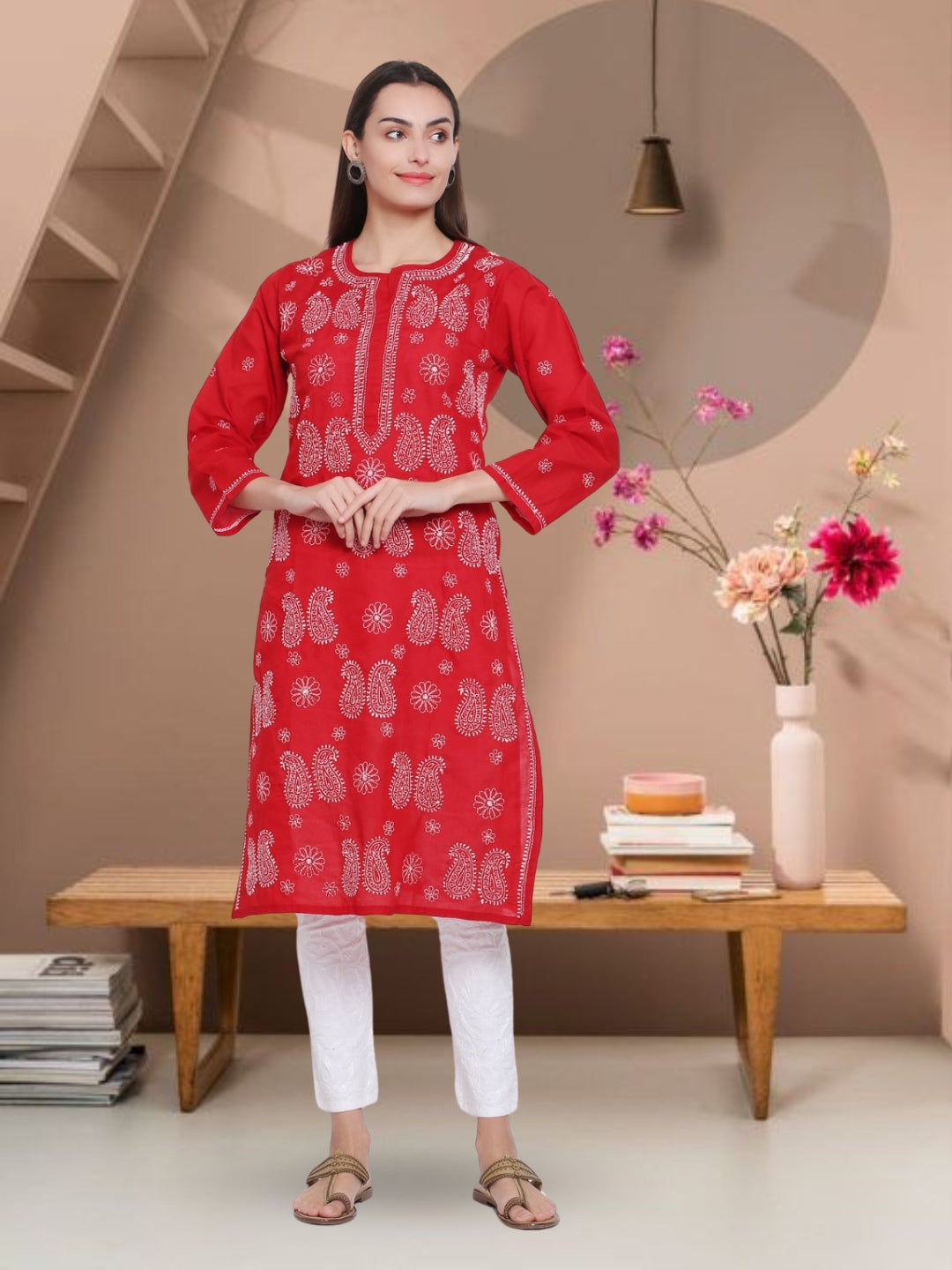 Hand Embroidered Chikankari Cotton Straight Kurta- PC3495