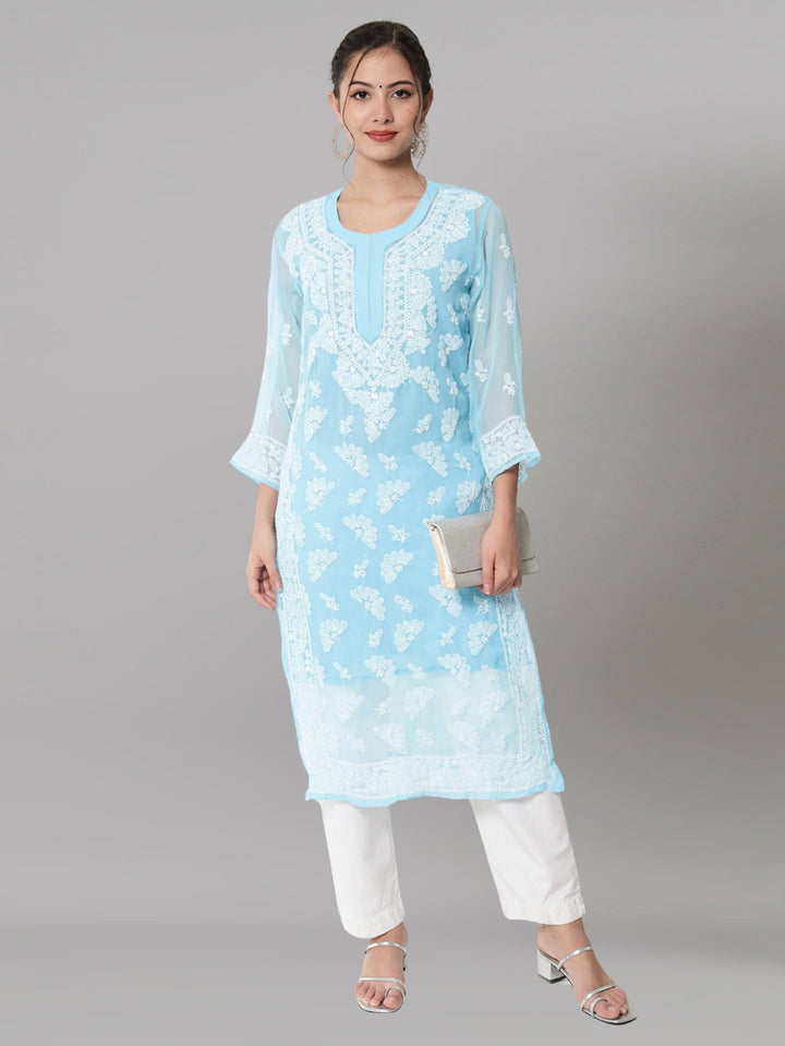 Women Hand Embroidered Chikankari Georgette Straight Kurta With Matching Slip- PC3545