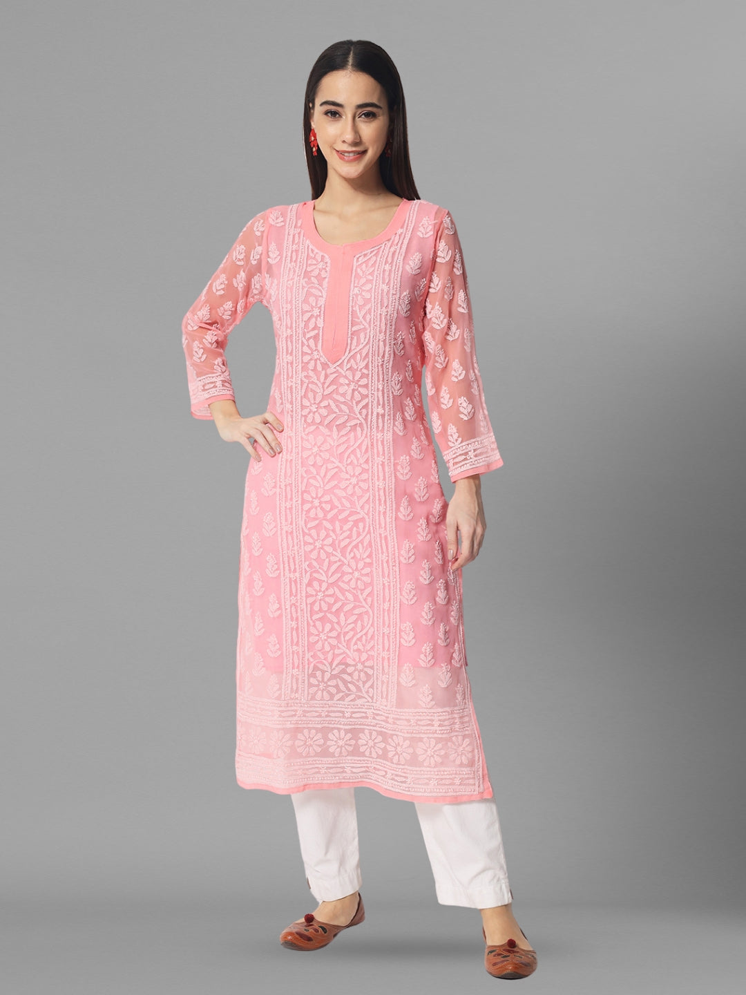 Hand Embroidered Chikankari Georgette Straight Kurta With Matching Slip- PC3594