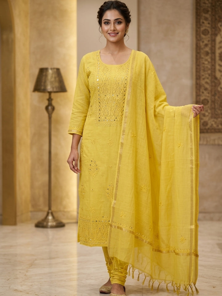 Women Hand Embroidered Chikankari  Mul Chanderi Dress Material PCFC19501FS-YELLOW
