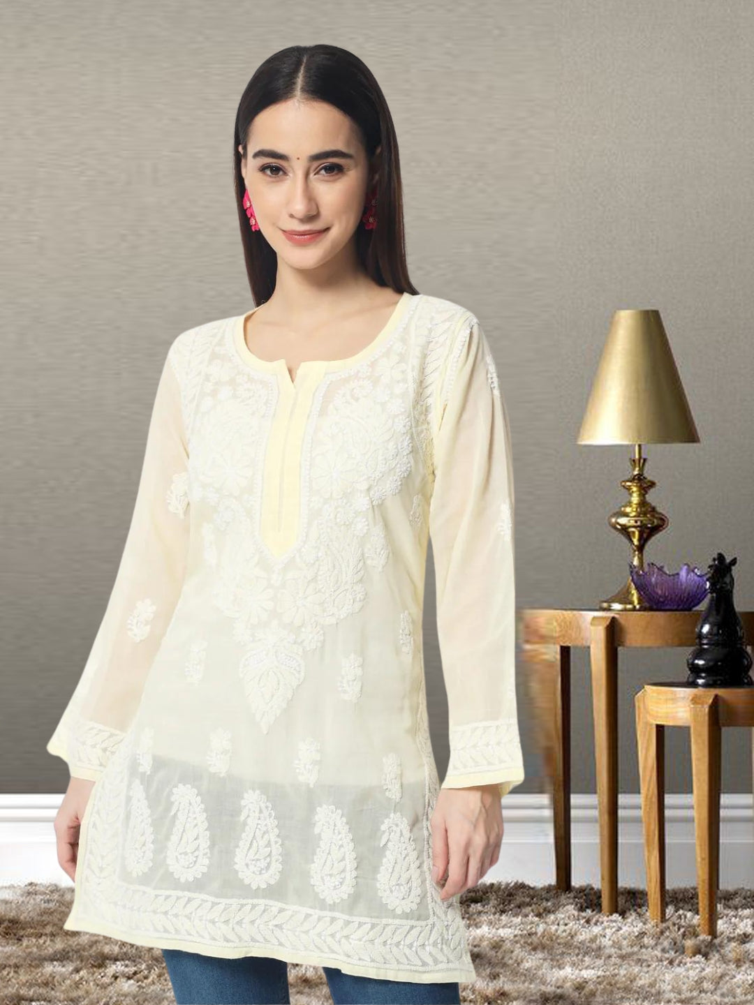 Women Hand Embroidered Chikankari Cotton Kurti PC3595