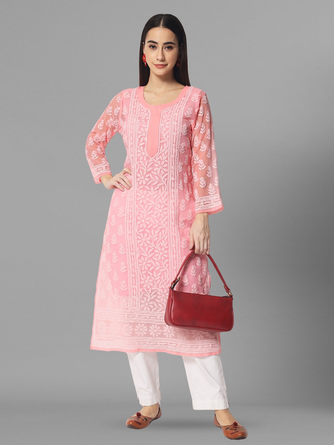 Hand Embroidered Chikankari Georgette Straight Kurta With Matching Slip- PC3594