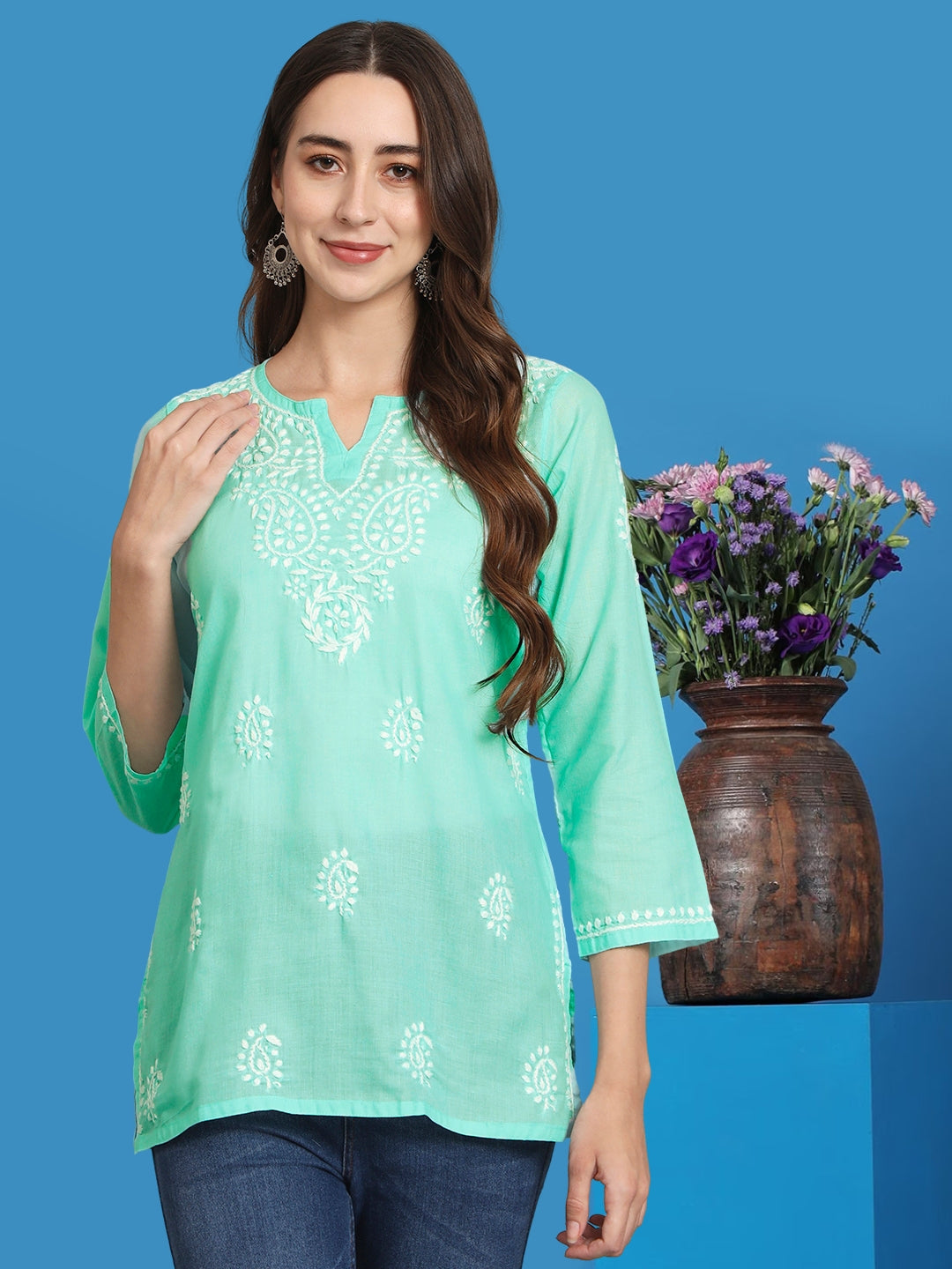 Women Hand Embroidered Chikankari Cotton Kurti PC3828