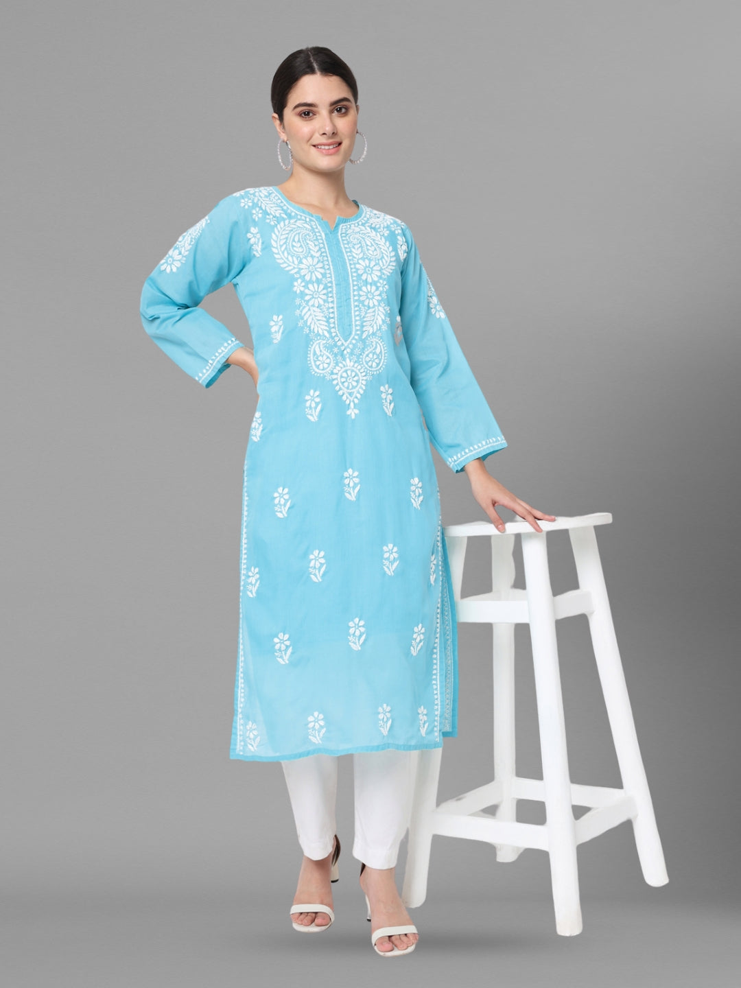 Hand Embroidered Chikankari Cotton Straight Kurta- PC3561