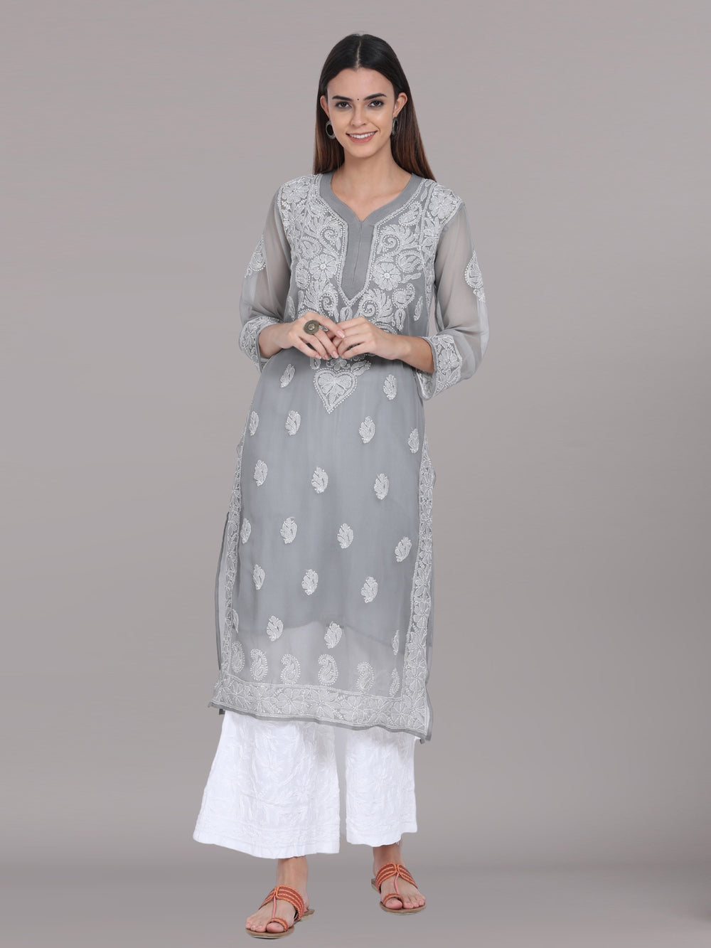 Light Slate Grey Chikankari Georgette Kurta with Matching Slip
