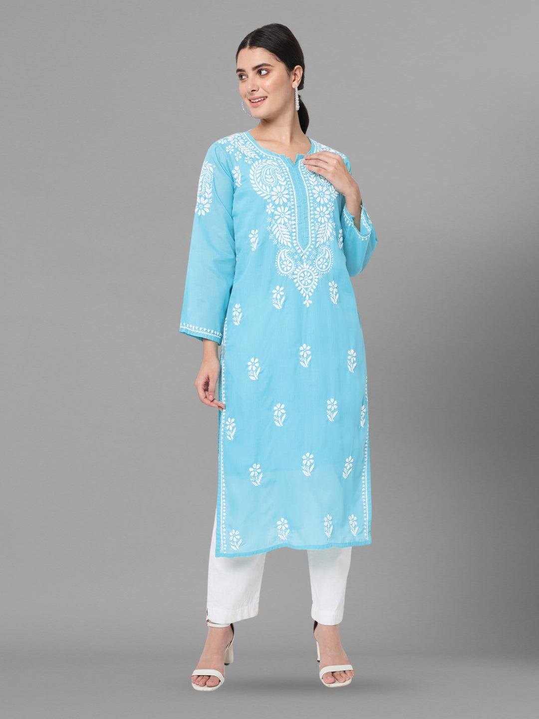 Hand Embroidered Chikankari Cotton Straight Kurta- PC3561