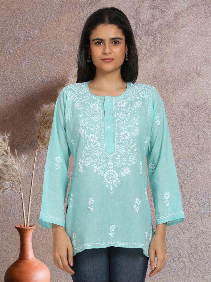 Women Hand Embroidered Chikankari Cotton Kurti-STV115