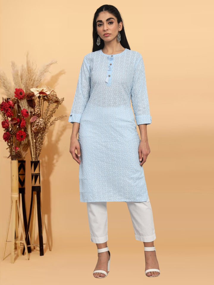 Hand Embroidered White Chikankari Cotton straight Kurta-PC3457