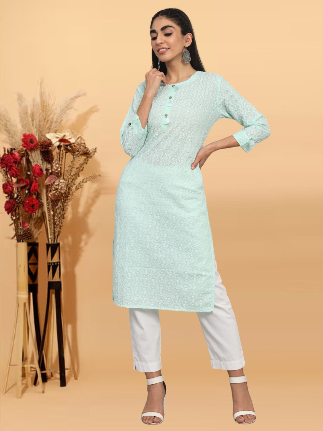 Hand Embroidered White Chikankari Cotton straight Kurta-PC3457