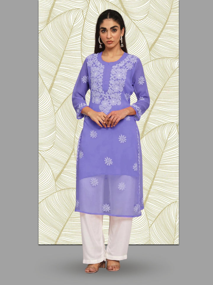 Hand Embroidered Lucknowi Chikankari Georgette straight Kurta With Matching Slip- PC3609