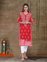 Red Chikankari Georgette Kurta with Matching Slip