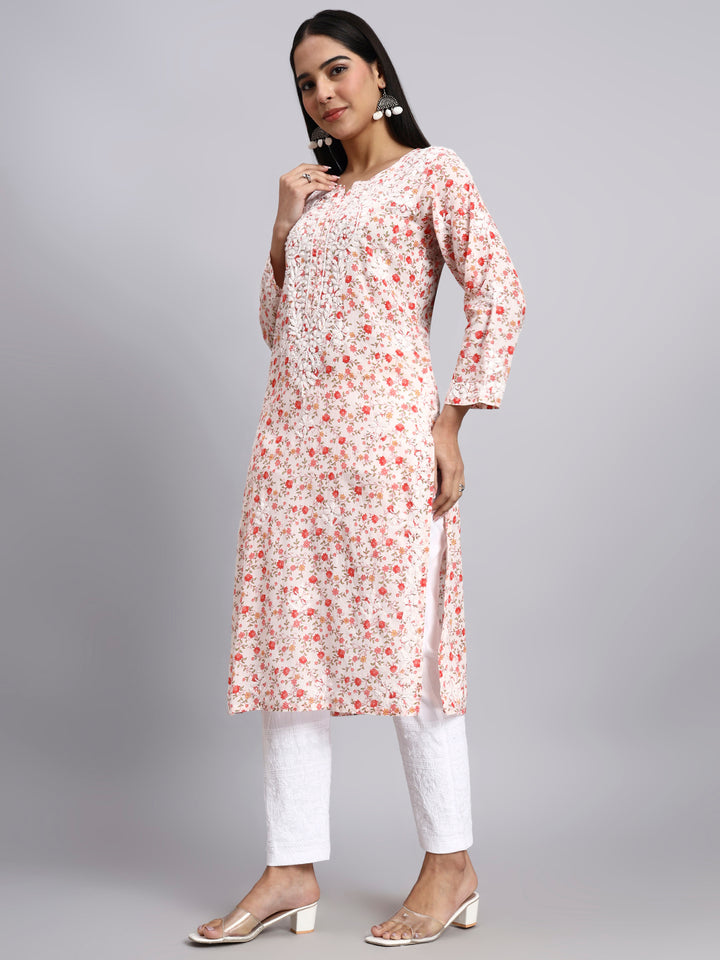 Hand Embroidered Chikankari Mulmul Printed Straight Kurta- PC4105