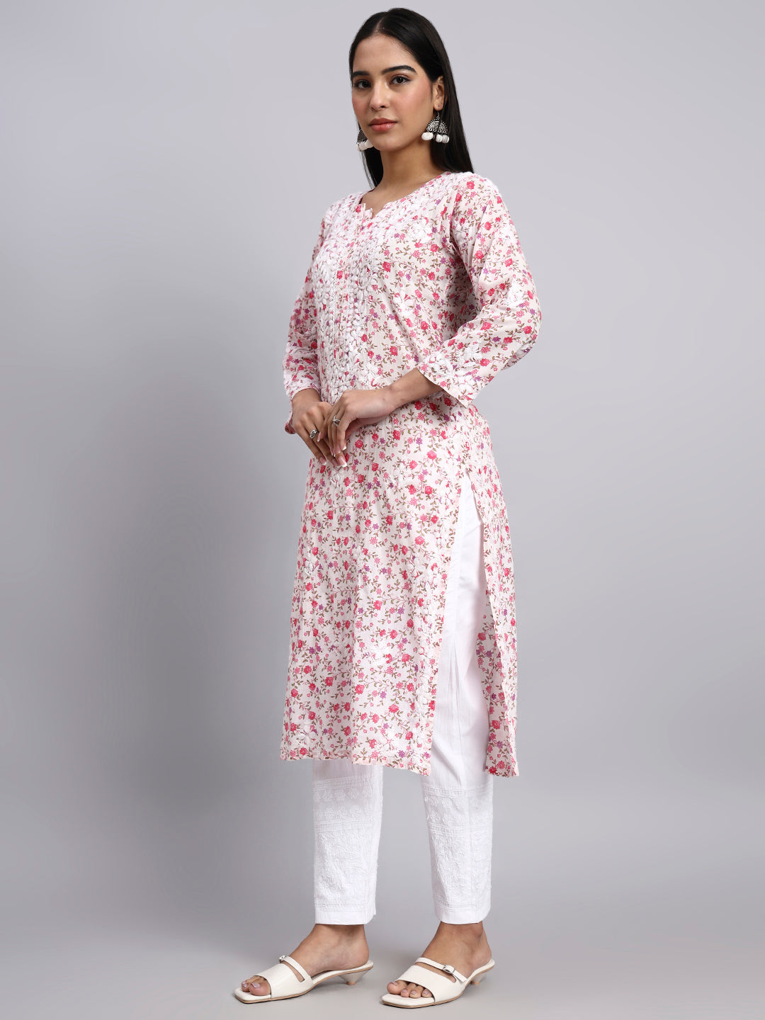 Hand Embroidered Chikankari Mulmul Printed Straight Kurta- PC4105