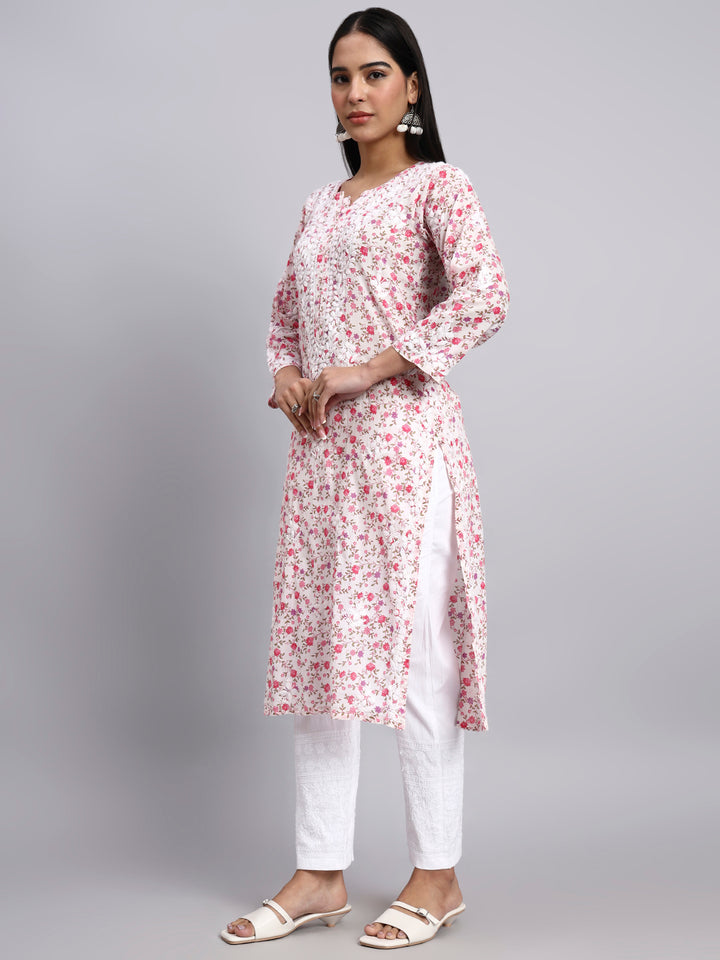Hand Embroidered Chikankari Mulmul Printed Straight Kurta- PC4105