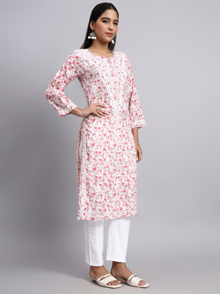 Hand Embroidered Chikankari Mulmul Printed Straight Kurta- PC4105