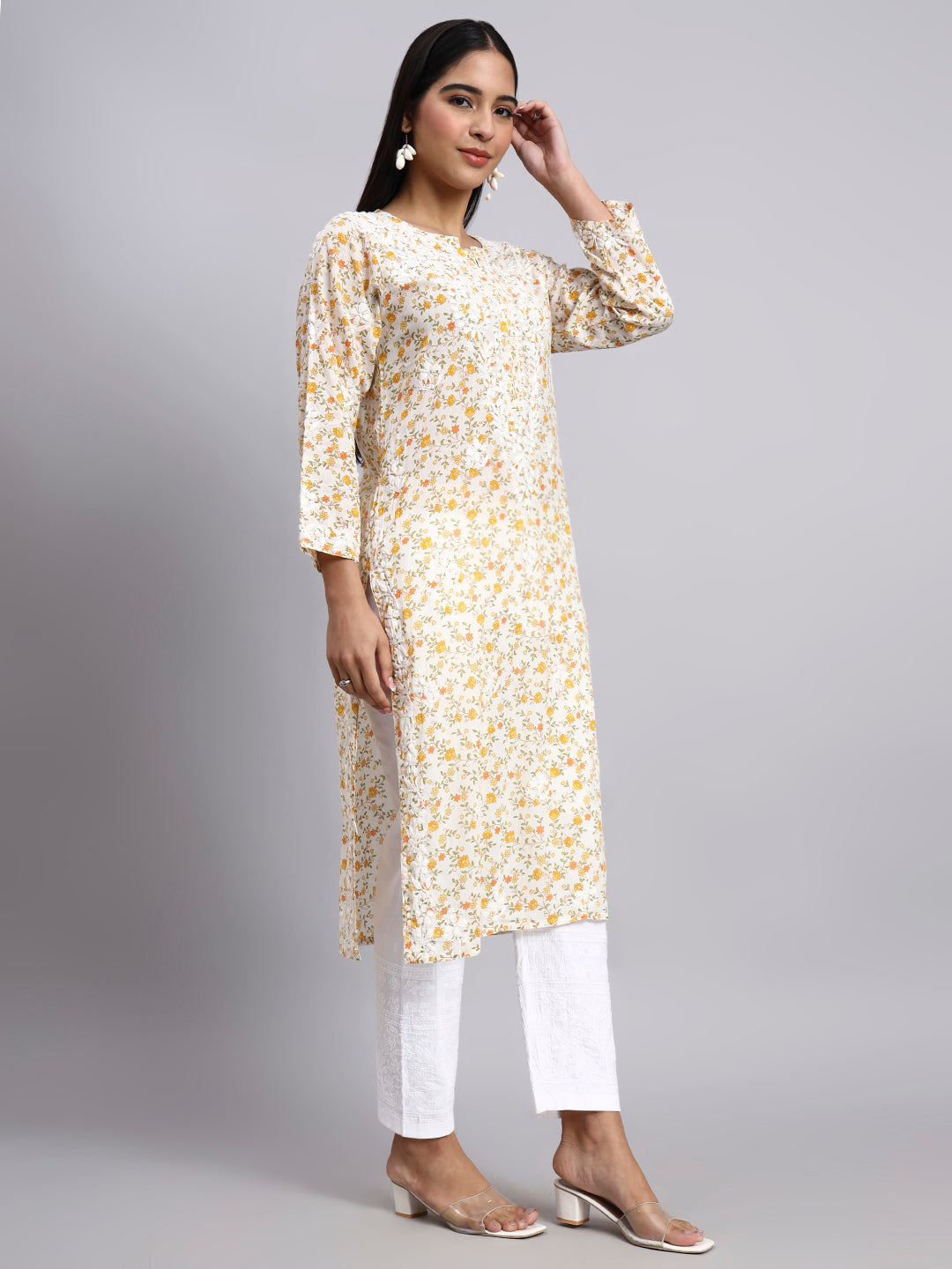 Hand Embroidered Chikankari Mulmul Printed Straight Kurta- PC4105