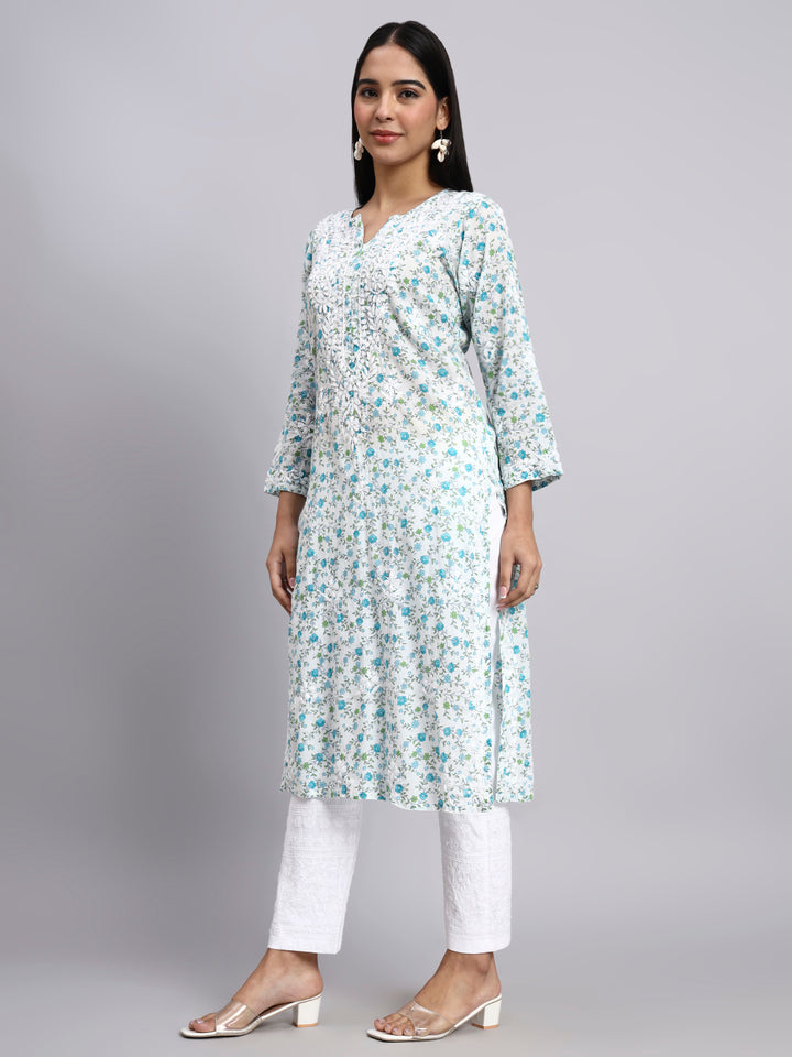 Hand Embroidered Chikankari Mulmul Printed Straight Kurta- PC4105