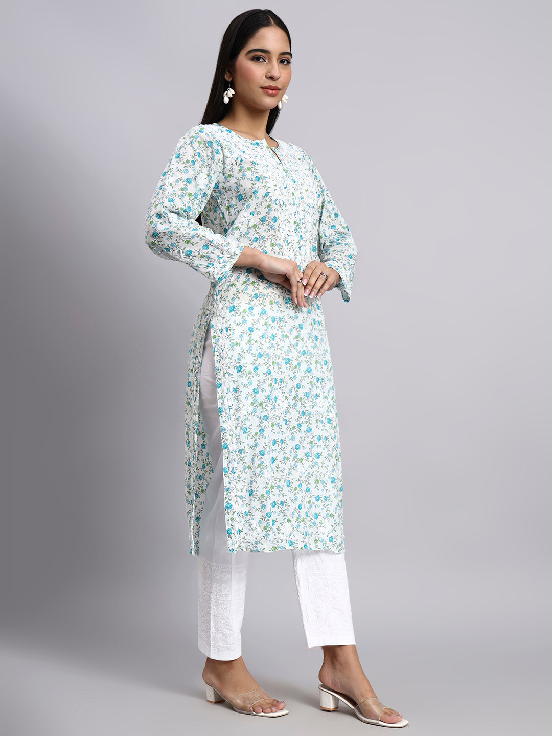 Hand Embroidered Chikankari Mulmul Printed Straight Kurta- PC4105