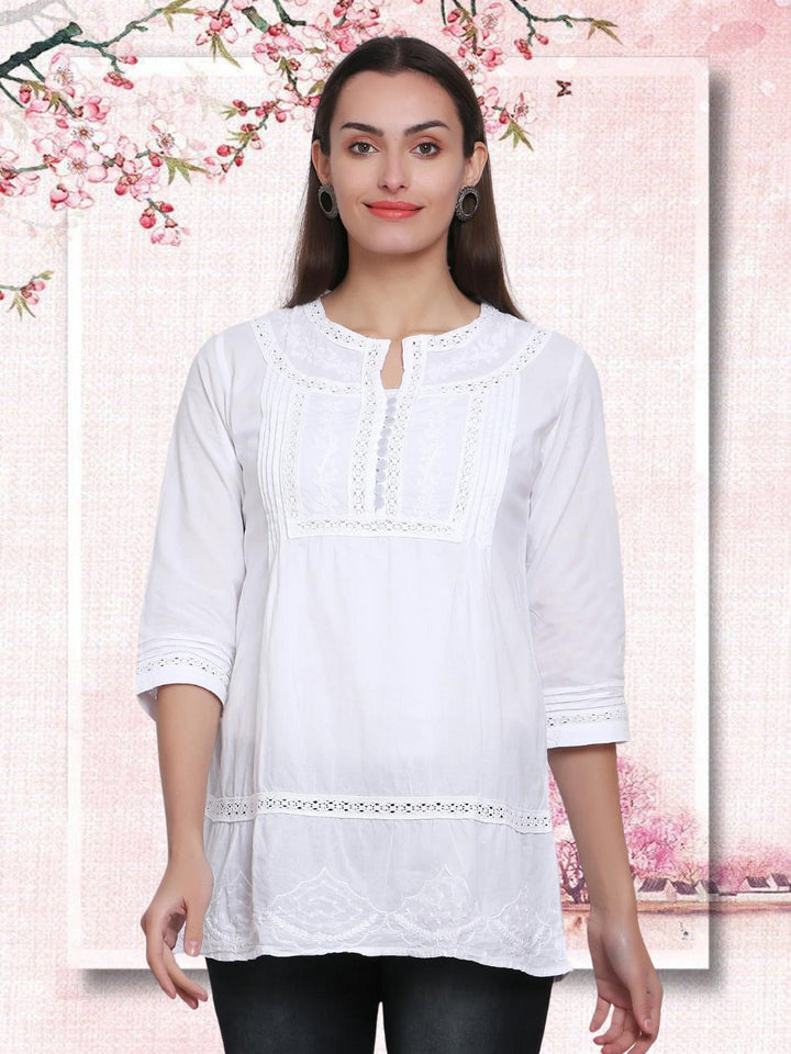 Hand Embroidered White Chikankari Cotton Tunic-PC2845