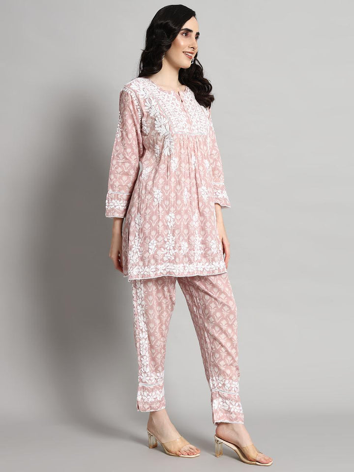 Hand Embroidered Mulmul Printed Cotton Chikankari Women's 2 PC Co-ord Set - PC4055