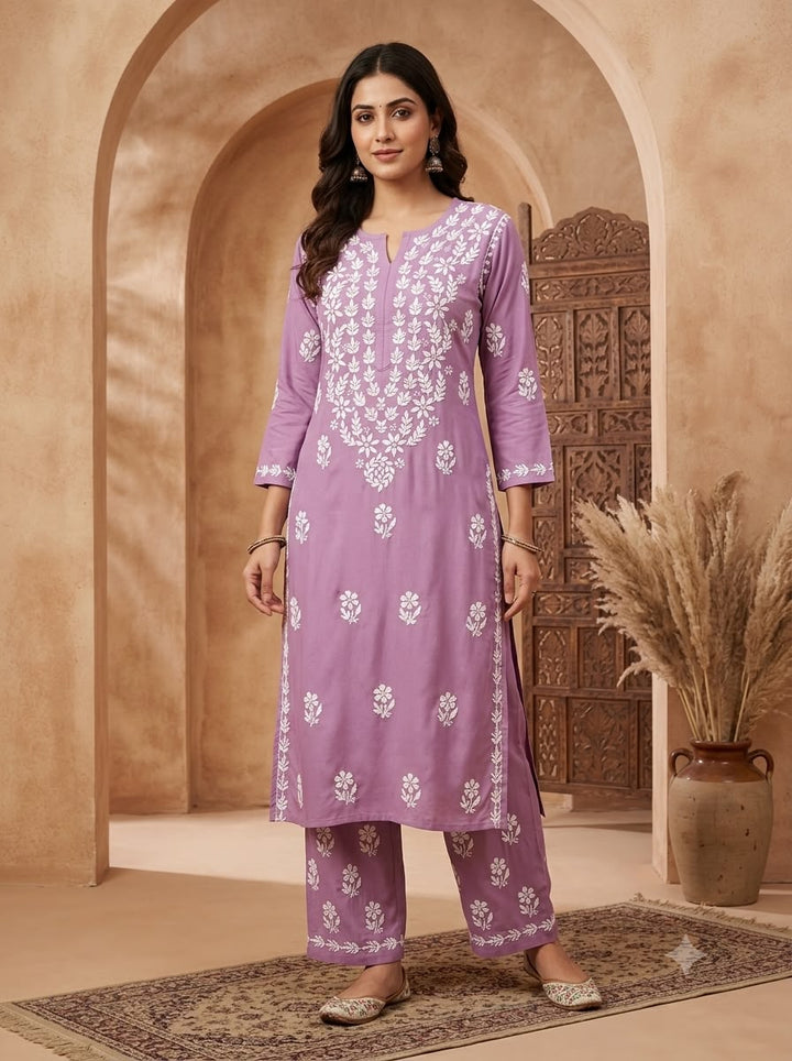 Hand Embroidered Rayon Chikankari Kurta Set PC4134KS