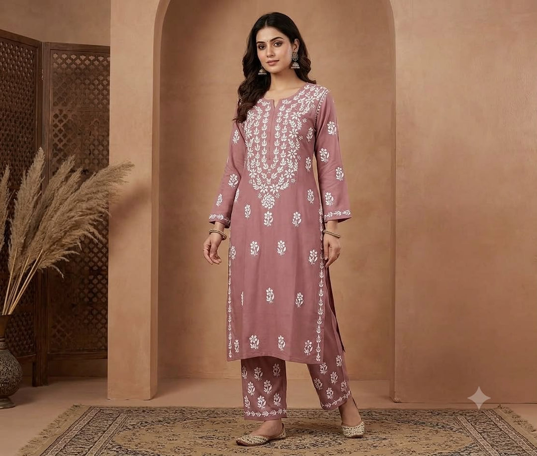 Hand Embroidered Rayon Chikankari Kurta Set PC4134KS