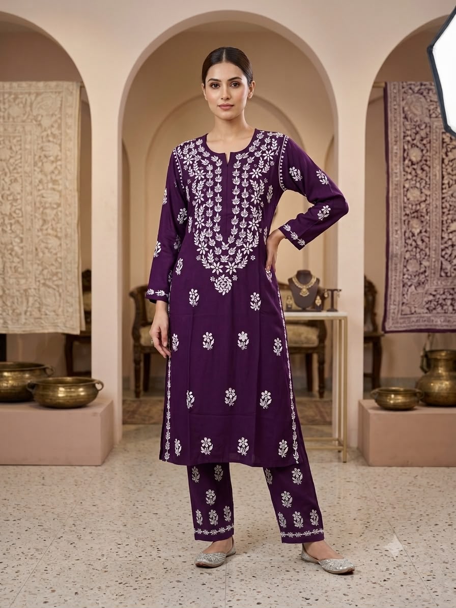 Hand Embroidered Rayon Chikankari Kurta Set PC4134KS