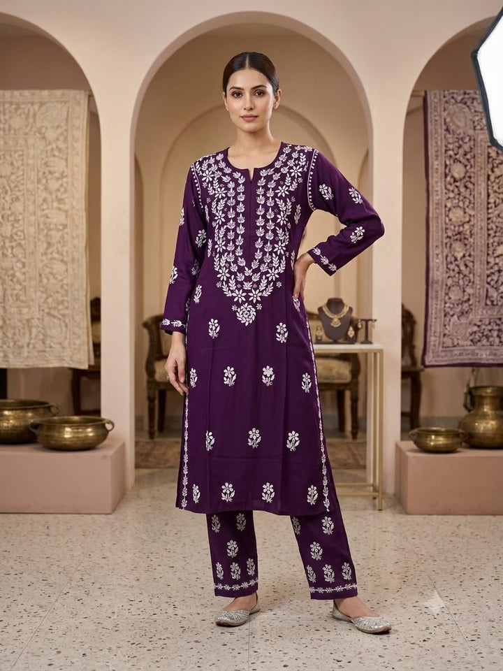 Hand Embroidered Rayon Chikankari Kurta Set PC4134KS