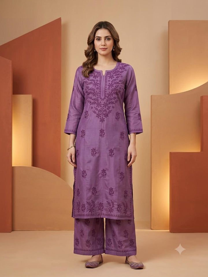 Hand Embroidered Chanderi Chikankari Kurta Palazzo Set PC4119KS