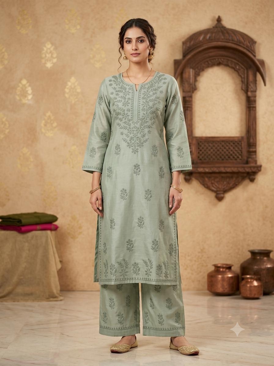 Hand Embroidered Chanderi Chikankari Kurta Palazzo Set PC4119KS