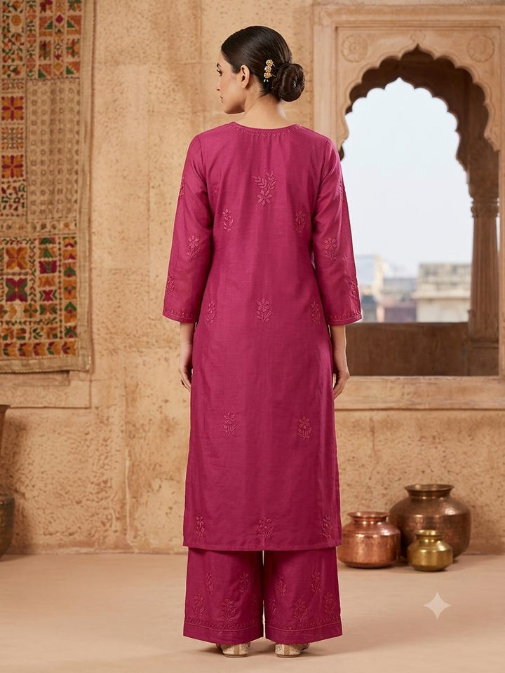 Hand Embroidered Chanderi Chikankari Kurta Palazzo Set PC4119KS