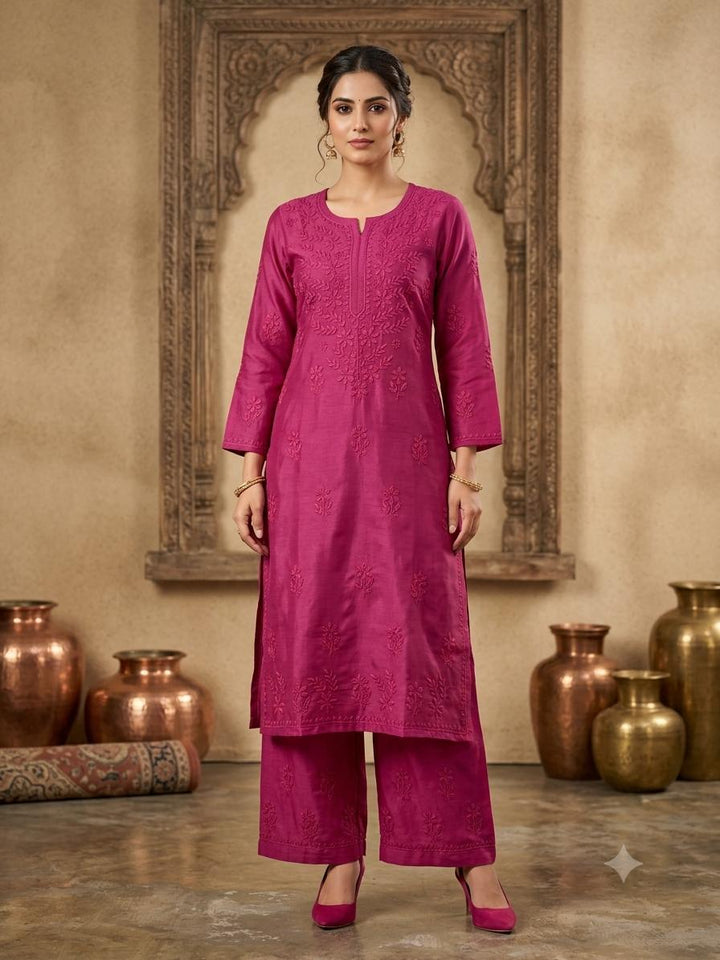 Hand Embroidered Chanderi Chikankari Kurta Palazzo Set PC4119KS