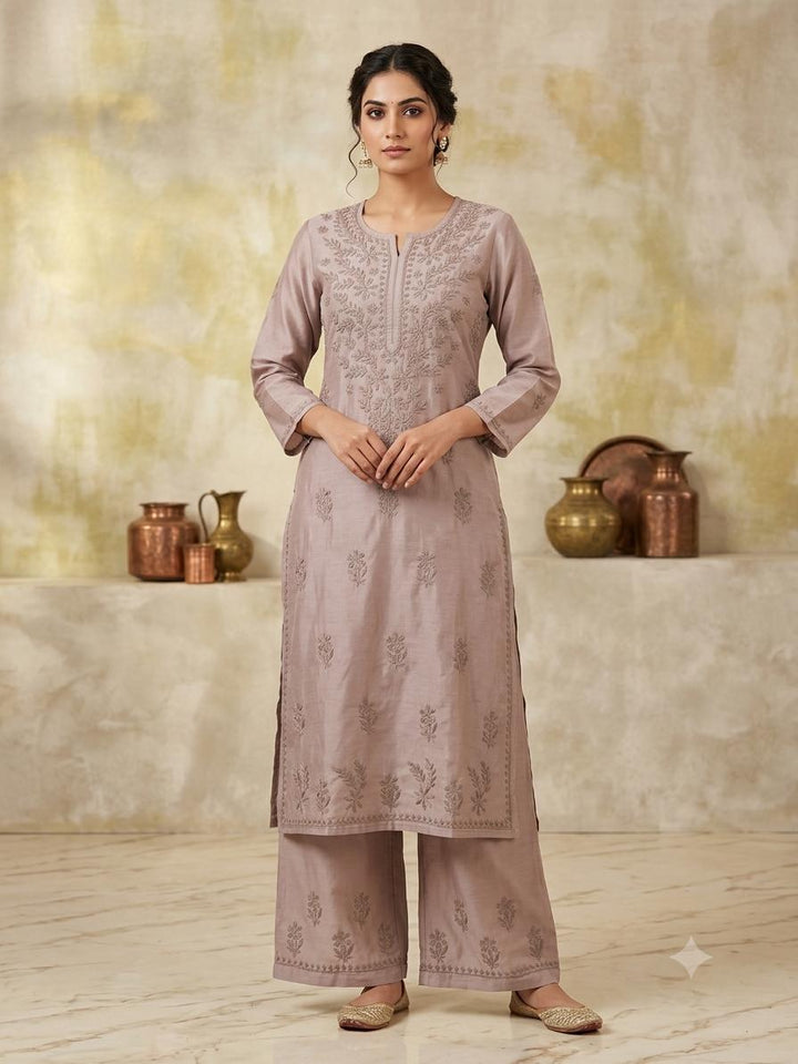 Hand Embroidered Chanderi Chikankari Kurta Palazzo Set PC4119KS