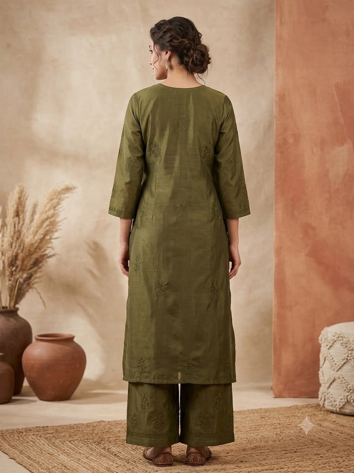 Hand Embroidered Chanderi Chikankari Kurta Palazzo Set PC4119KS