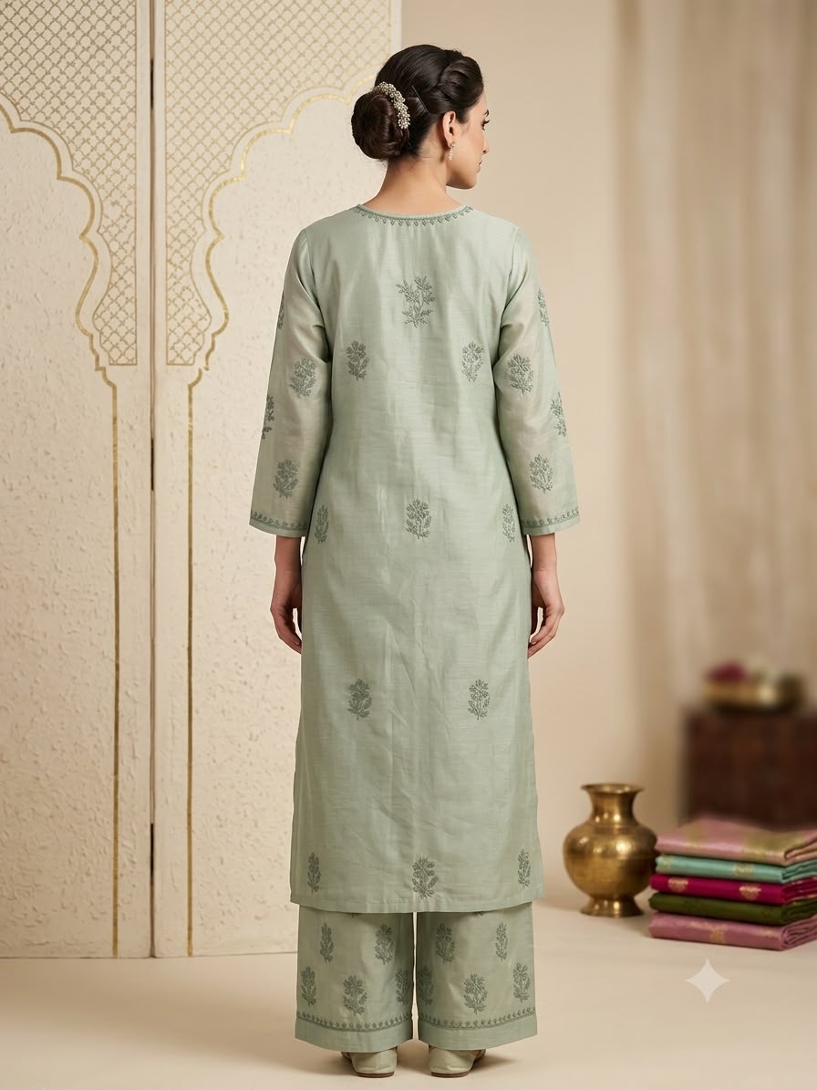 Hand Embroidered Chanderi Chikankari Kurta Palazzo Set PC4119KS