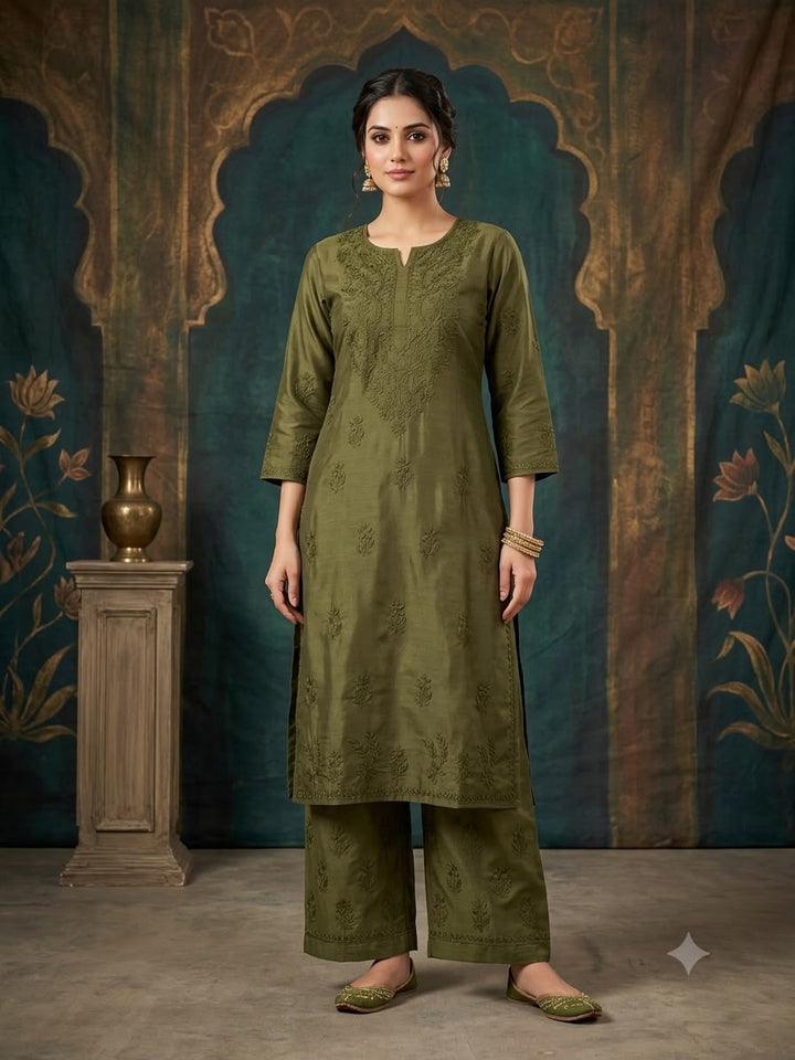 Hand Embroidered Chanderi Chikankari Kurta Palazzo Set PC4119KS