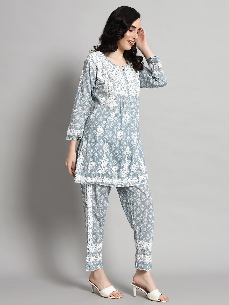 Hand Embroidered Mulmul Printed Cotton Chikankari Women's 2 PC Co-ord Set - PC4055