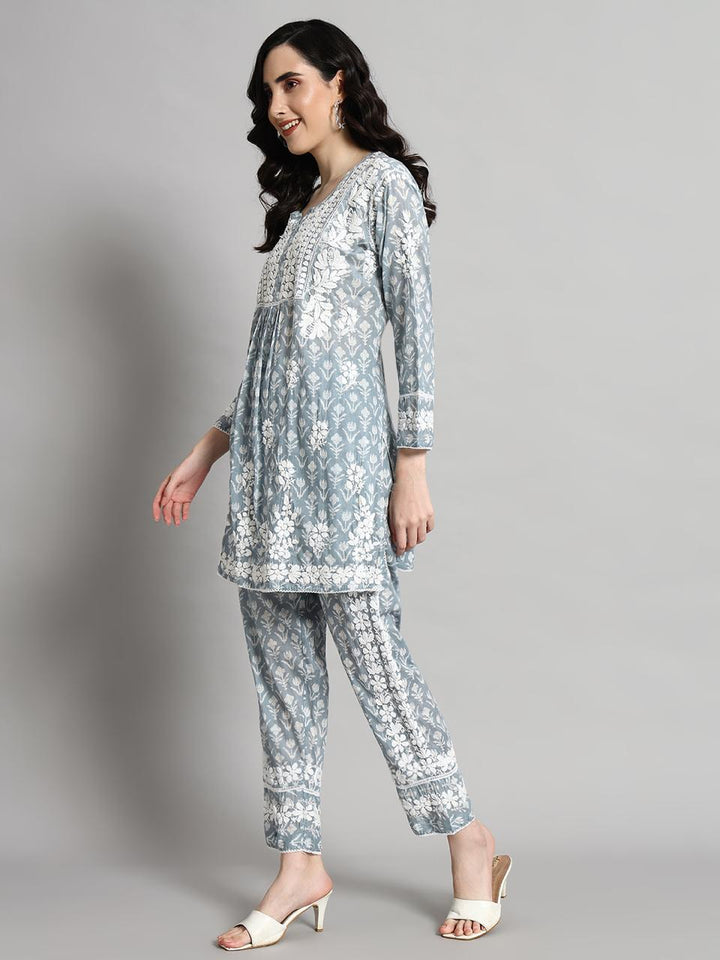 Hand Embroidered Mulmul Printed Cotton Chikankari Women's 2 PC Co-ord Set - PC4055