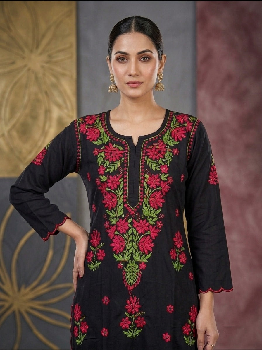 Women Hand Embroidered Chikankari Rayon Kurta Set With Cut Work PC4132KS Red