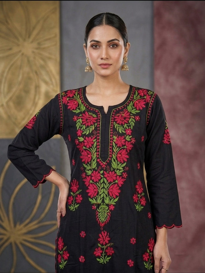 Women Hand Embroidered Chikankari Rayon Kurta Set With Cut Work PC4132KS Red